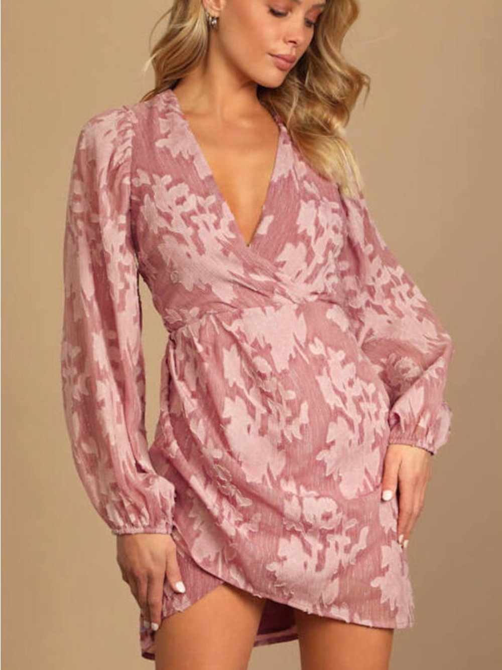 Lulus Meant to Shine Mauve Floral Jacquard Long Sleeve Mini Dress